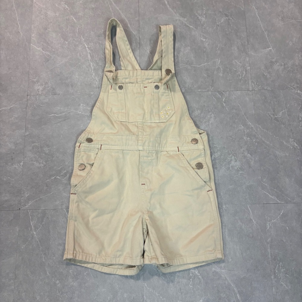 Polo Ralph Lauren Khaki Canvas Shortall Overalls Daisy Floral Embroidery Size 7